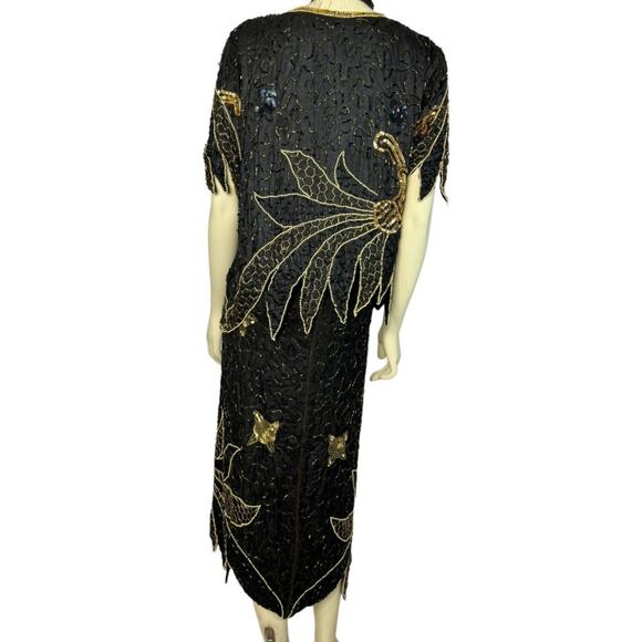 NWT Stunning Vintage silk sequenced beaded black, gold top, skirt set size large - Picture 9 of 17